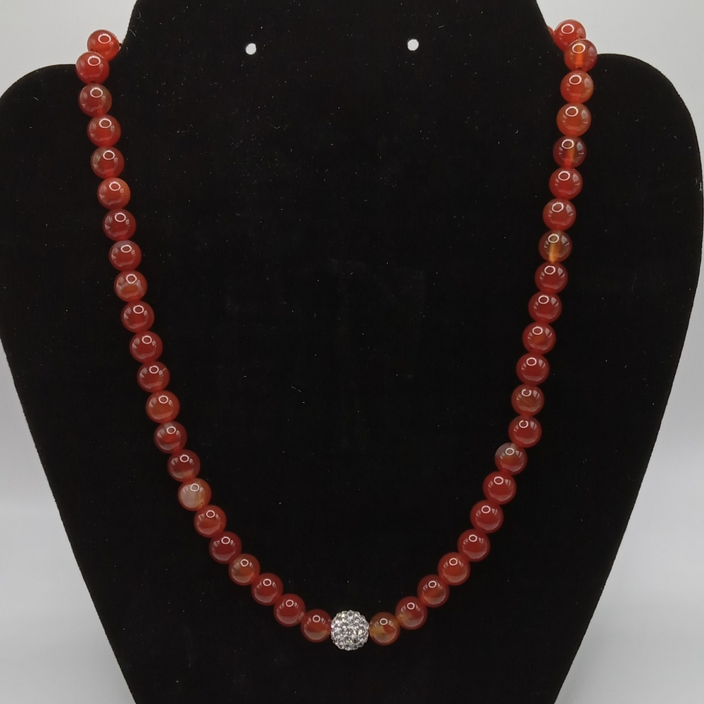 Vintage Carnelian Beaded Necklace With Disco Ball Bead